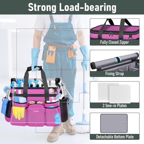Ytonet Cleaning Caddy with Wheels, Large Rolling Caddy Bag with Detachable Trolley for Housekeepers, Water Resistant Cleaning Cart Supplies Organizer for Home, Car, Tool Organizer, Mobile Storage - color: Rose Red, size: X-Large
