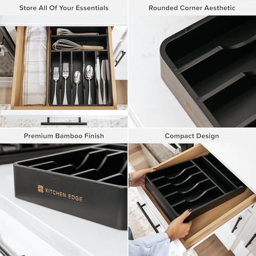 KitchenEdge Silverware Organizer - Cutlery, Flatware, and Utensil Holder for Kitchen Drawers, Fixed 10.5” Width, 7 Storage Compartments, Non-Slip Feet, Rounded Corners, 100% Bamboo, Black Finish - color: Black Bamboo
