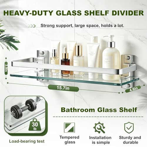 AIJALY 2 Pack Bathroom Glass Shelf,15.7 Inches Silver Bathroom Shower Glass Shelf Wall-Mounted, Metal Storage Floating Kitchen Shelf - color: Silver 2 Pack