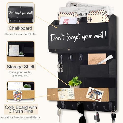 Mail Organizer Wall Mount，Key Holder Mail and Key Organizer for Wall with Shelf, Chalkboard, Corkboard, Home Decor for Room Office Entryway(Midnight Black) - color: Midnight Black, size: Vertical