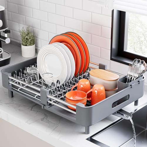 Urackify Stainless Steel Dish Drying Rack - Dish Drainer for Kitchen Counter, Extendable Drainboard with Foldable, Space-Saving Cup & Bowl Organizer, Includes Knife and Utensil Holder, Gray - color: Gray