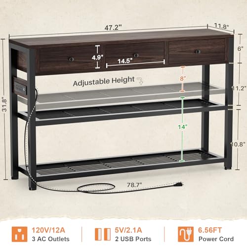Ecoprsio 47'' Entryway Table with Outlets and USB Ports, Console Table with 3 Drawers, Sofa Table Narrow Long with Storage Shelves for Living Room, Couch, Hallway, Foyer, Black Walnut Finish - color: Black Walnut, size: 47-In