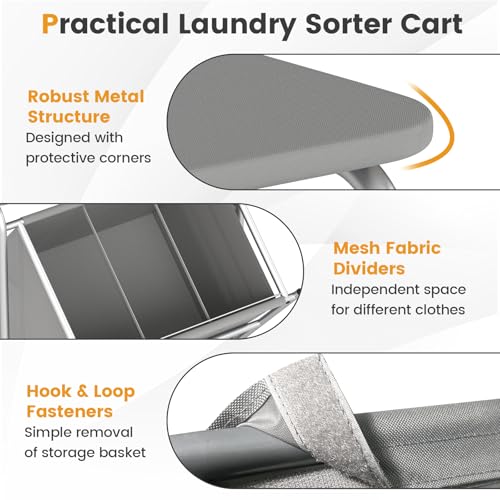 Giantex Laundry Sorter with Foldable Ironing Board, 3 Section Tilt Out Laundry Hamper with Removable Bags, Heavy-Duty Rolling Laundry Cart with Lockable Wheels for Bathroom Bedroom, Grey