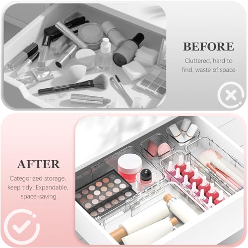 DILIBRA 16 Pcs Clear Extendable Drawer Organizer, Adjustable Drawer Storage 3-Size Desk Drawer Organizer, Plastic Non-Slip Storage Bins for Makeup, Cosmetic, Jewelries, Utensils, Stationery, Dressers - size: 3Pcs Large + 5Pcs Medium + 8Pcs Small