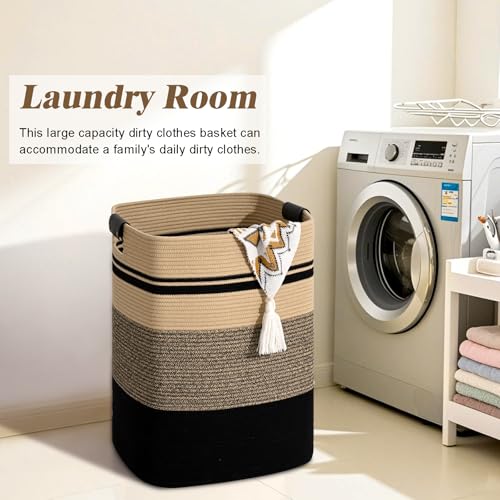 Laundry Hamper, 75L Tall Laundry Basket with Leather Handles, Rectangle Large Clothes Hamper for Organizing, Cotton Woven Laundry Baskets Storage Hampers for Bedroom, Nursery, Living Room - color: Jute& Black, size: 75L