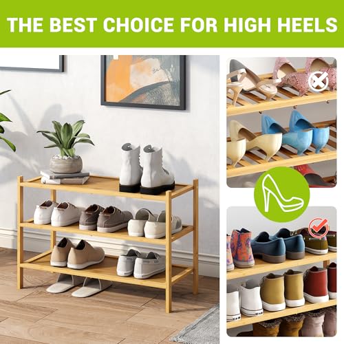 BMOSU 3-Tier Bamboo Shoe Rack Premium Stackable Shoe Shelf Storage Organizer for Hallway Closet Living Room Entryway Organizer(Natural) - color: Natural, size: 3-Tier（27*11*18.3inches）