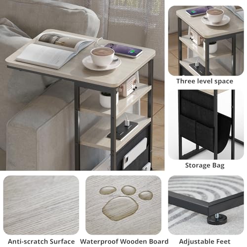 C Shaped End Table with Charging Station, 28"(H) 3-Tier C Table with Storage Bag, Under Couch Table C-Shaped End Table with Storage Shelves and Bag for Living Room, Bedroom, or Office - color: Oak, size: Wood--with Socket
