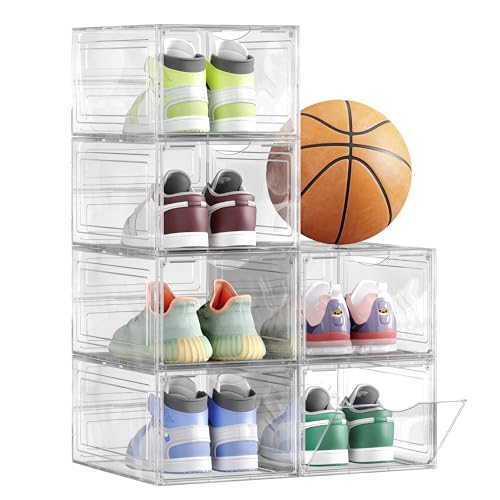 SONGMICS Shoe Boxes, Set of 6, Clear Plastic Shoe Storage, Stackable Sneaker Box, Drop Front Door, Up to US Size 11, Easy Assembly, 13 x 9.8 x 7.1 Inches, Transparent White ULSP032W06 - color: Transparent White, size: 6 Count