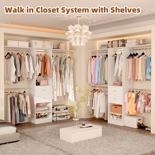 Closet System Set of 2, Closet Organizer System With 4 Wood Drawers, Walk-In Closet Storage System With 10 Hanging Rods, Adjustable Cloth Garment Rack, Fits Spaces 6Ft-14Ft, White - color: ‎2 drawer 3 shelve, size: 2 PC