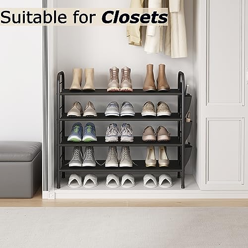 SUOERNUO Shoe Rack Storage Organizer 4 Tier Free Standing Metal Shoe Shelf Compact Shoe Organizer with Side Bag for Entryway Closet Bedroom,Black - color: Black, size: 4 Tier
