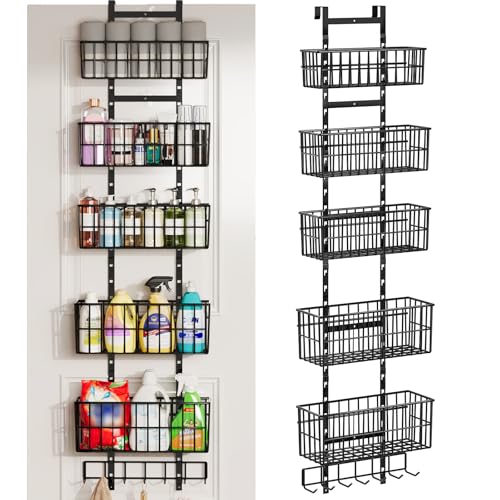 Hongtamoya Adjustable Over the Door Organizer, Metal Hanging Door Organizer with 5 Wire Basket 7 Hooks, Wall Mounted Shelf for Pantry Laundry Organization and Storage, Black - color: Black Wire Basket