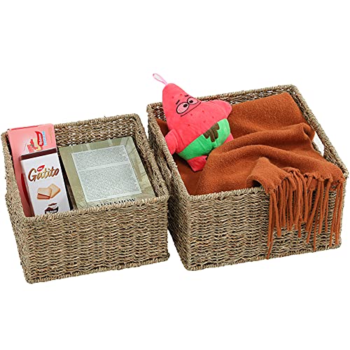 HOONEX Wicker Storage Baskets for Organizing, Decorative Woven Seagrass Baskets for Storage with Carrying Handles, Set of 2, Natural - color: Natural (Seagrass), size: 13 x 13 x 7.5 inches