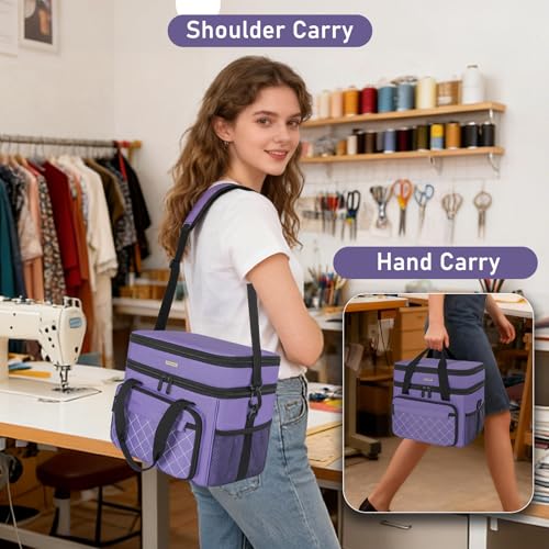 Sewing Storage Bag with Removable Tray Large Capacity Sewing Aaccessories Organizer Travel Sewing Case with Shoulder Strap Double-Layer Sewing Organizer Bag Purple (Bag Only) - color: Purple