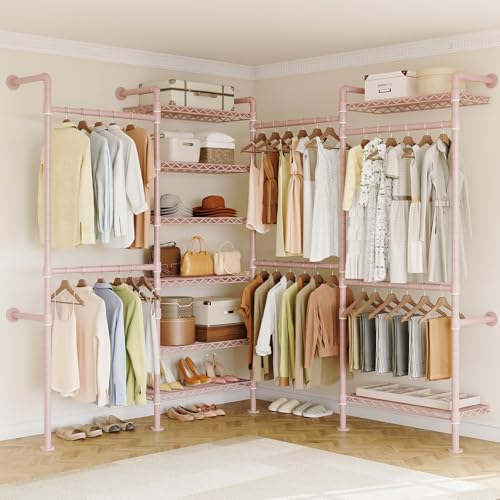 ONBRILL L4 Wall Mounted Industrial Pipe Clothing Rack, Closet Organizer System with 6 Hanging Clothes Rods ( 4 Expandable Rods) & 8 Shelves, Heavy Duty Corner Garment Rack, Large Wardrobe - Pink - color: Pink