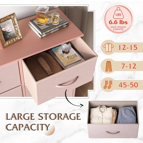 WLIVE Fabric Dresser for Bedroom, Tall Dresser with 8 Drawers, Storage Tower with Fabric Bins, Double Dresser, Chest of Drawers for Closet, Playroom, Dormitory, Pink and Rose Gold - color: Pink and Rose Gold, style: General