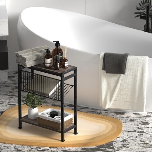 Small Side Table Set of 2 for Small Space, 3-Tier Narrow End Tablewith Magazine Holder,SmallNightstand, Skinny Snack Couch Table in Living Room, Bedroom Study and Balcony(Ash Brown) - color: Ash Brown-2pcs