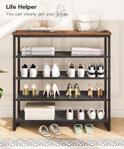 HOOBRO Shoe Rack, 5 Tier Shoe Storage Organizer with 4 Oxford Fabric Shelves and Top Panel, Holds 16-20 Pairs of Shoes, for Entryway and Closet, Industrial, Rustic Brown BF50XJ01 - color: Rustic Brown + Black, size: 29.5"L x 11.2"W x 29.5"H