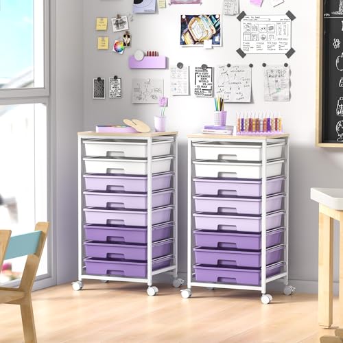 SYKIARIOL Rolling Cart with Drawers,Utility Cart With 8 Drawers and Wooden Tabletop for Living Room,Classroom,Bedroom,Bathroom,Dorm,Office,Purple - color: Purple