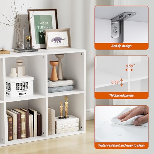 Wooden 6 Cube Storage Organizer with Closed Back Panel, Modern Open Cube Storage Shelf Bookshelf with Compartments, Cube Shelf Organizer for Living Room, Bedroom, Study Room (White) - color: White