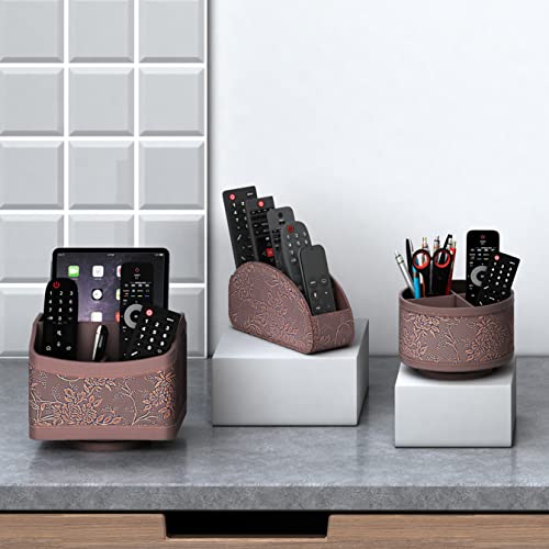 Thipoten Remote Control Holder for Table, Leather Turntable/Organizer/Caddy for Holding TV Controllers, Phone, and Office Supplies, Perfect Space Saver for End Table/Nightstand/Office Desk(Retro)