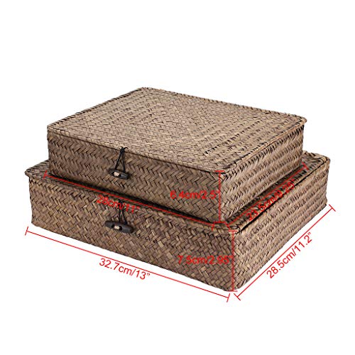 Hipiwe Set of 2 Flat Woven Wicker Storage Bins with Lid Natural Seagrass Basket Multipurpose Home Boxes for Shelf Organizer (Coffee) - color: Coffee, size: Small+Large