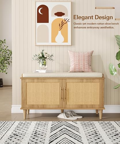 Akxomel Rattan Shoe Storage Bench with Cushion, 2-Tier Entryway Bench with Adjustable Shelves and 2 Doors, 15" D x 39.4" W x 20" H, Solid Wood Legs, for Hallway, Living Room, Bedroom, Natural Oak - size: 15"D x 39.4"W x 20"H