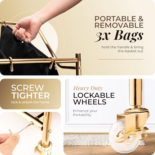 LUXURY STYLE Laundry Hamper, 3-Section Rolling Laundry Sorter Cart with Wheels, Modern Golden Hamper with 3 Bags for Clothes, Toys, and Towels - color: Modern Golden