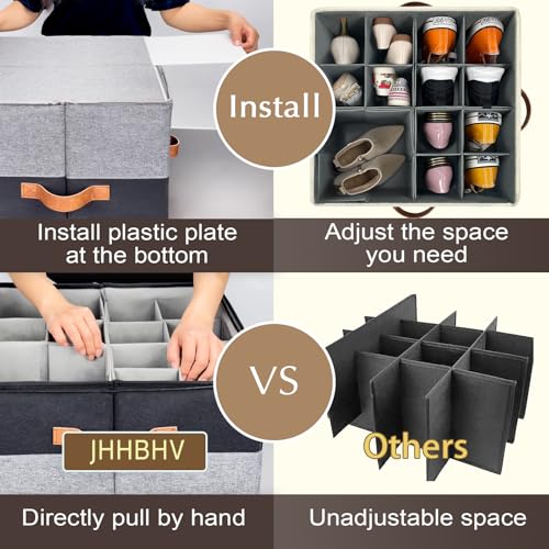 2 Pack Shoe Organizer for Closet, Adjustable Shoe Box Storage Containers, Large Foldable Shoe Bins with Clear Cover, Space Saving Shoes Holder with 4 Handles, Fits 16-32 Pairs, Black - color: Black and Grey, size: (2 Pack) 17"L x 17"W x 12 ½"H