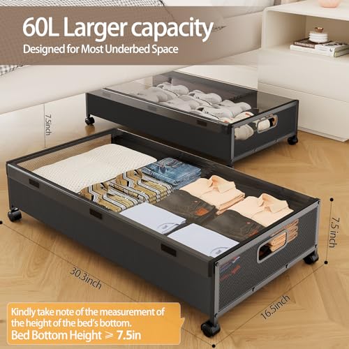 KITHELP Under Bed Storage Containers with Wheels, 2 Pack Underbed Shoe Storage Organizer with Removable Lids, Large Rolling Under Bed Storage Dresser Drawers for Clothes Toys Shoes Blankets - color: Black-2pack