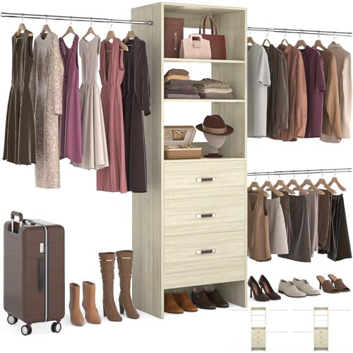 Homieasy 96 Inches Closet Organizer System, 8FT Customizable Walk In Closet Organizer with Hanging Rods, 3 Leather Handle Drawers Garment Rack, 96" L x 16" W x 75" H, Max Load 1000 LBS, White Oak - color: White Oak