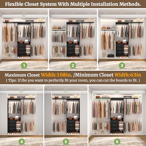 Aheaplus Closet System, Closet Organizer with 3 Wooden Drawers, 8FT Closet Organizer System, 96’’ Walk-in Closet Wardrobe Clothes Rack with Hanging Rods, Adjustable Garment Rack, Fits 5.3-9 ft, Black - color: Black