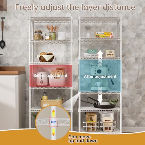 SINGAYE 6 Small Wire Shelves Kitchen Pantry Close Home Organizers and Storage Bathroom Shelf Laundry Room Organization Adjustable Book Metal Garage Shelving Unit - color: White, size: 6-Tier 9.92"D X 15.72"W X 60."H