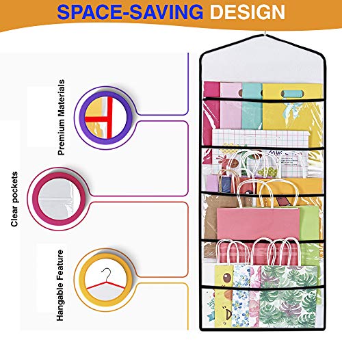 ProPik Hanging Double Sided Gift Bag Storage Organizer with Multiple Front and Back Pockets Organize Your Gift Wrap, Tissue Paper, and Paper Bags 38 x 16 Inch PVC (Black) - color: Black