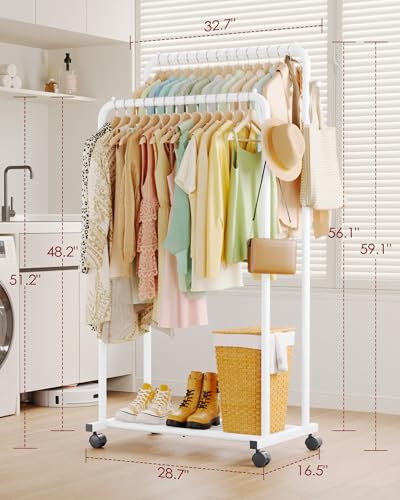 Sakugi Clothes Rack - Double Rods Clothing Rack with Mesh Shelf, Hooks & Wheels, Metal Clothing Racks for Hanging Clothes & Bags, Multifunctional Garment Rack for Laundry, White, 28.7" x 16.5" x 59.1" - color: White, size: Large 28.7"W x 16.5"D x 59.1"H