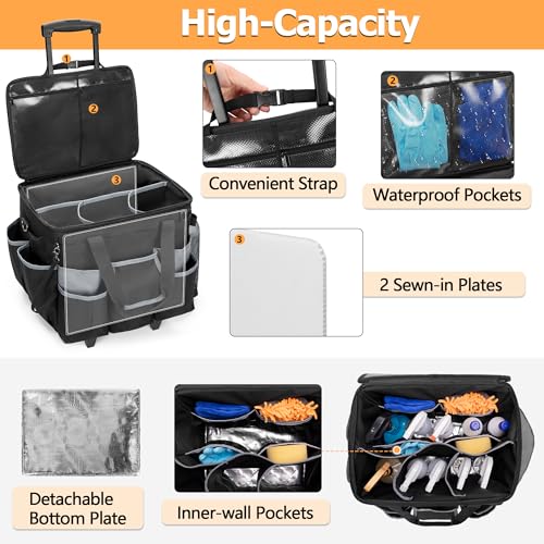 HODRANT Large Rolling Cleaning Caddy with Detachable Trolley & Lid, Cleaning Cart on Wheels with Shoulder Strap & Handles, Cleaning Supplies Organizer with Multi Pockets for Cleaning Tools Storage