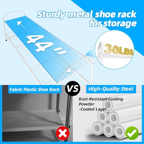 Shoe Rack for Closet, 2 Tier 44 Inch Extra Wide Shoe Storage Organizer for Shelves, Heavy Duty Metal, Easy Assembly, White - color: White, size: 2 Tier