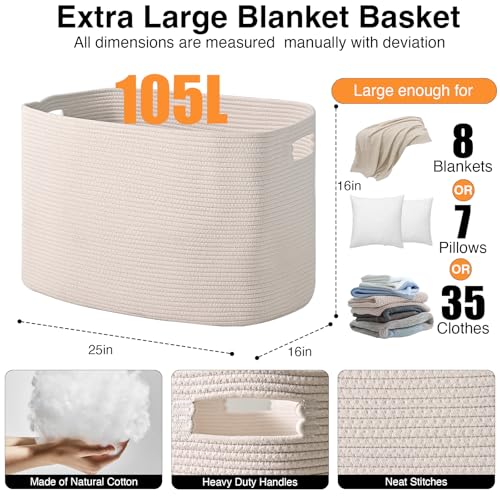 ICERZCZ White Laundry Basket, Blanket Baskets for Living Room, Cotton Rope Baskets for Storage, Woven Basket for Blankets, Toys, Clothes, Shoes, White, 25”x16”x16” (105L) - color: White, size: 25”x16”x16”