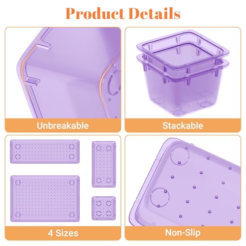 SpaceHacks 15 PCS Clear Plastic Drawer Organizer Set, 4-Size Acrylic Drawer Storage Trays, Storage Bins for Makeup, Gadgets, and Jewelry in Bathroom, Bedroom and Office, Clear Purple - color: Purple