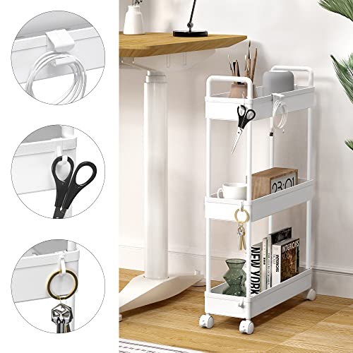 SOLEJAZZ Slim Rolling Storage Cart with Wheels 3 Tier Skinny Bathroom Storage Organizer Thin Laundry Room Utility Cart Space-Saving for Bedside Kitchen Office Small Narrow Places, White - color: White, size: 3-Tier, 4.76"D