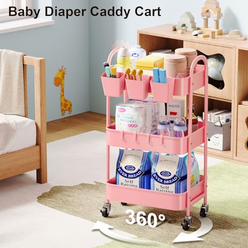 3 Tier Metal Rolling Cart with Lockable Wheels and Handle, Three Tiered Pink Trolley Cart on Wheels, Utility Storage Organizer for Bathroom, Kitchen, Teachers, Art, Crafts, Baby Diaper, Snack, Nail - color: Fashion Pink, size: 3 tier