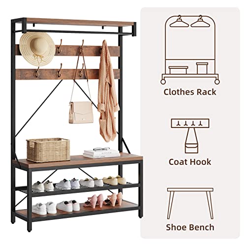 IDEALHOUSE Coat Rack Shoe Bench Industrial Hall Tree Storage Bench for Entryway Wood Look Accent Large Shoe Rack with Storage Shelf Hanging Bar,8 Hooks Grey 39.9"x15.7"x72" - color: Brown
