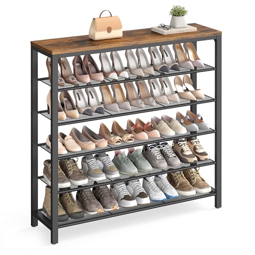 VASAGLE 6-Tier Shoe Rack, Shoe Organizer for Closet, Entryway, 24-30 Pairs of Shoes, Large Shoe Rack Organizer with 5 Metal Mesh Shelves, 11.8 x 39.4 x 43.3 Inches, Rustic Brown and Black ULBS016B01 - color: Rustic Brown, size: 6 Tiers (39.4"W)