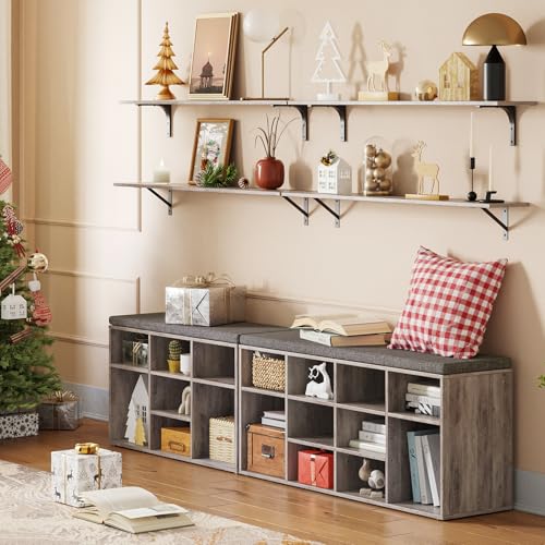 DINZI LVJ Shoe Storage Bench with Cushion, Cubby Rack with 12 Cubbies, Adjustable Shelves, Multifunctional Organizer Bench for Entryway, Mudroom, Hallway, Closet and Garage, Greige - color: Greige, size: 12 Cubby