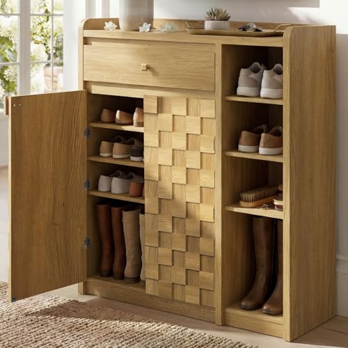 STO'SENSE Large Shoe Cabinet with Doors, 8-Tier Shoe Storage Cabinet with Drawer & 4 Side Cubbies & 5 Adjustable Shelves, 47" Tall Shoe Rack Organizer Cabinet for Entryway, Hallway (Original Oak) - color: Original Oak