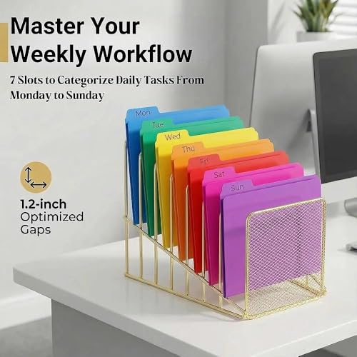 Simmer Stone Gold Desk Organizer 7 Slot Inclined Vertical File Folder Holder Sorter with Mesh Front Metal Wire Rack for Mail, Slim Binders, Books Office Organization Desktop Accessories - color: Gold