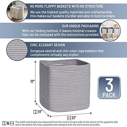 NaturalCozy Storage Cubes 11 Inch Cotton Rope Woven Baskets for Organizing, 3-Pack | Cube Storage Bin | Square Storage Baskets for Shelves Organizer, Classroom, Kids Toy Bins, Closet, Baby Nursery - color: Gray