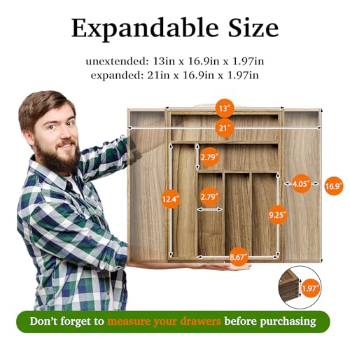 Kiasthome Acacia Wood Kitchen Silverware Drawer Organizer, Expandable Utensil Cutlery Drawer Organizer with Dividers, Flatware Organizer Silverware Tray for Spoon, Fork, 13''-21''x16.9'' (6-8 Slots) - size: 8 Slots Expandable