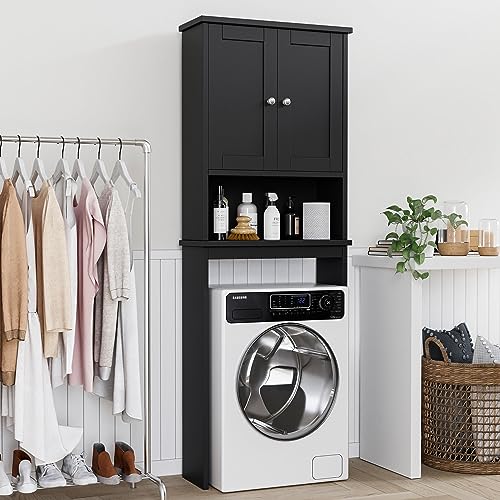 Shintenchi Over the Toilet Storage Cabinet, Bathroom Shelf Organizer with Anti-Tip Device Small Freestanding Space Saver with Adjustable Shelf，Black - color: Black, size: Wood Door