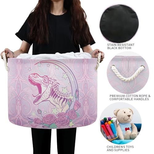 Pink Dinosaur Print Round Storage Basket Vintage Dinosaur Rose Large Laundry Hamper 20 x 20 x 14 Inches Organizer Bin with Cotton Rope Handles Clothes Storage Bag for Nursery Bedroom Living Room Decor - color: Pink Purple
