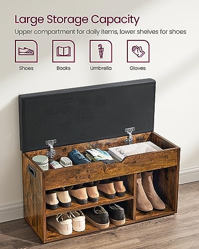 VASAGLE CUSTOS Collection - Storage Bench with Cushion, Shoe Bench, Padded Seat, Hidden Storage, Entryway, Hold up to 300 lb, 11.8 x 31.5 x 17.3 Inches, Rustic Brown and Ink Black ULHS30BX - color: Rustic Brown + Ink Black, size: 31.5"W